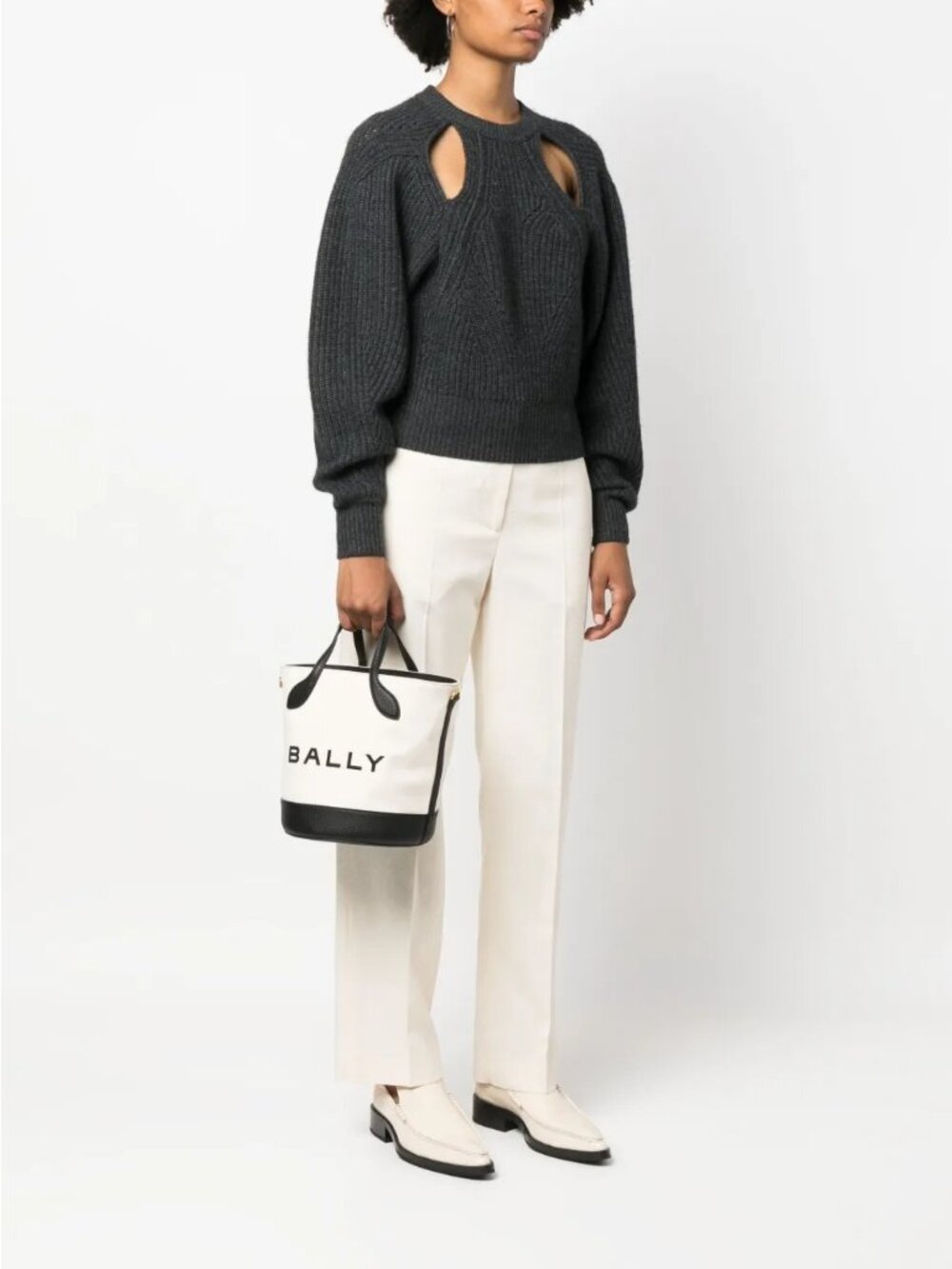 NWT $755 Bally Bar 8 Hours Logo Print Canvas & Leather Bucket Bag White Size OS